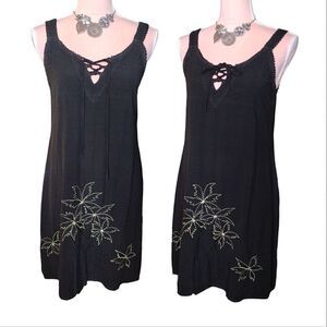 VTG 90s Black Gold Hawaiian Embroidered Fairycore Mini Dress Medium